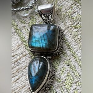 Labradorite Dual GemStone Sterling Silver Necklace – Blue Fire